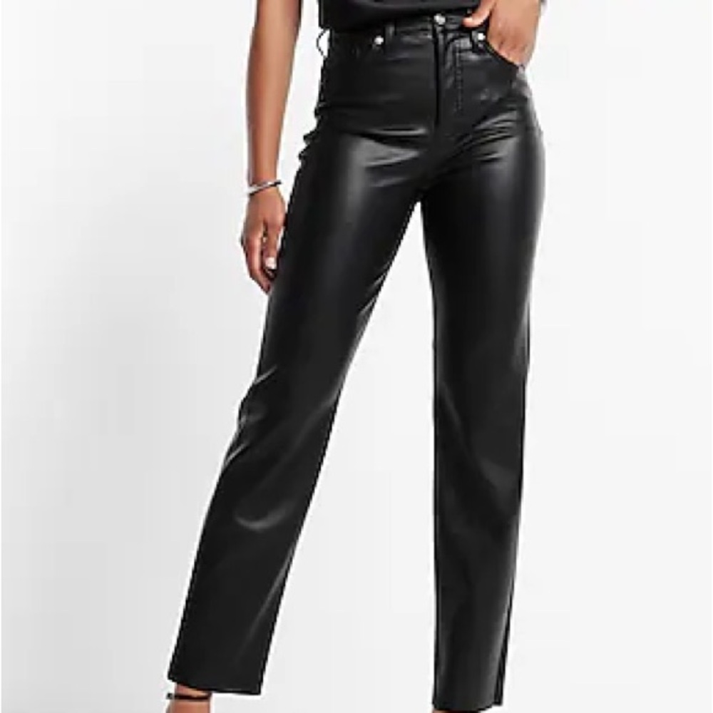 Express Super High Rise Modern Straight Black Leather Pants